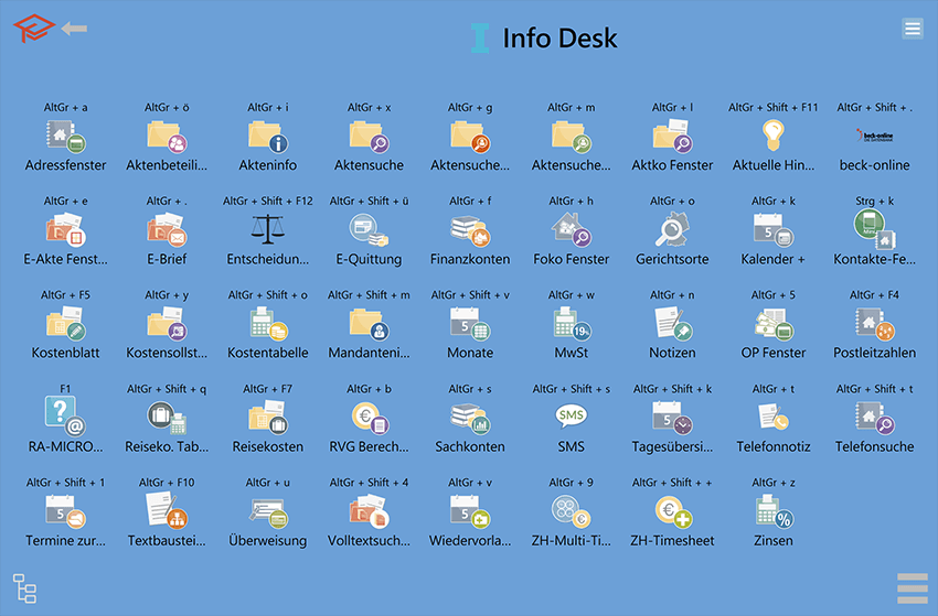Mit dem Info Desk sehen Sie alle wichtigen Funktionen auf einen Blick Info Desk der RA-MICRO Kanzleisoftware